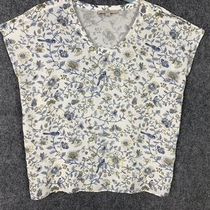 Loft Petite Cap Sleeve Top Bird & Floral Print Women LP Silky Rayon